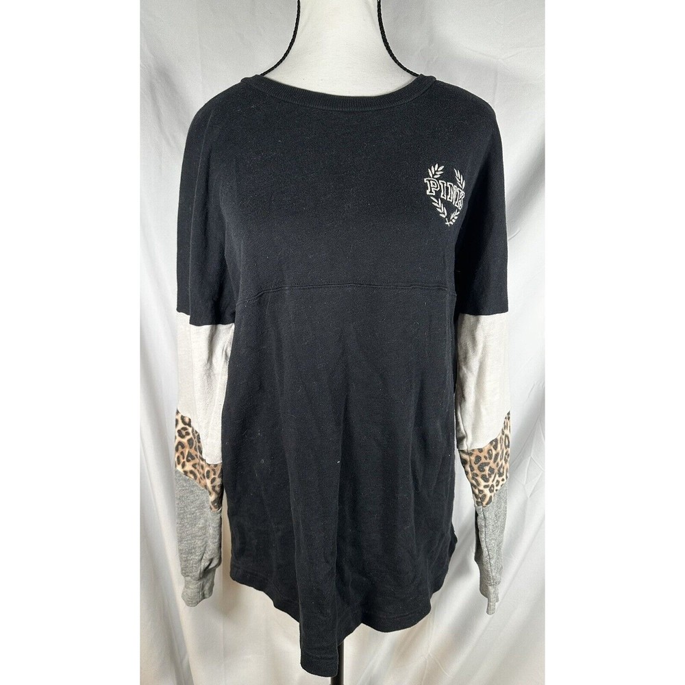Victoria’s Secret Love PINK Logo Cheetah Accent Sweatshirt Size XS Black Loose